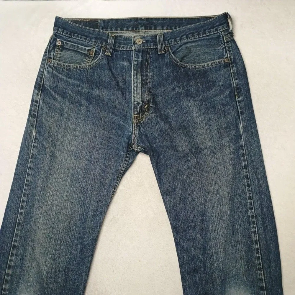 Levis 505 Jeans Mens 34x36 Blue Straight Medium Wash Denim 5-Pocket Distressed